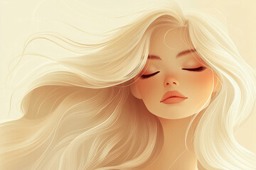 Contemporary woman portrait. Young girl face with long blonde hair and closed eyes, abstract female character with stylish makeup. Modern fashion illustration