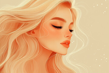 Contemporary woman portrait. Young girl face in profile with long blonde hair and closed eyes, stylish female character. Modern fashion illustration