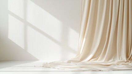 Elegant beige curtains draped gracefully, creating soft shadows in a minimalist room with natural light.