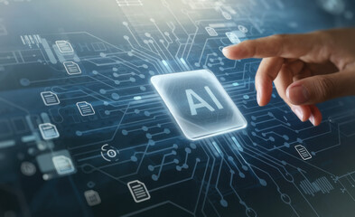 Generative AI artificial intelligence generate text document and abstract papers. Man touching AI icon on electronic circuit board.
