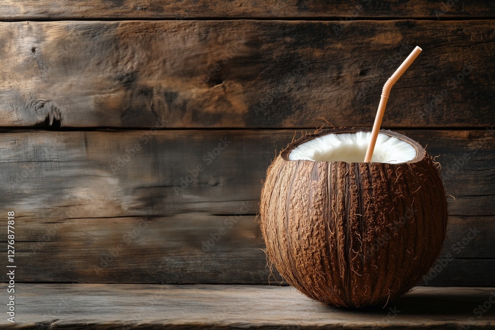 Aufkleber coconuts split open on wooden table with straw ready for refreshing drink