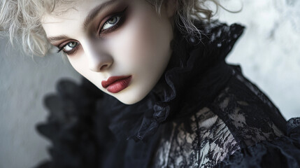 Fototapeta premium Unique fashion portrait featuring dramatic makeup and intricate attire in a studio setting