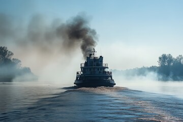 Steamboat Traveling Along the River With Smoke Billowing in the Cool Morning Air