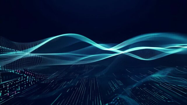 Abstract digital landscape with flowing binary code in cool blue tones, conveying data processing and energy