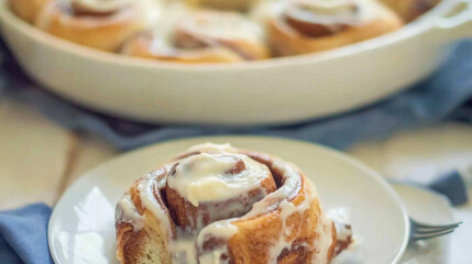 Homemade cinnamon rolls baked in a blue dish with sweet cream cheese frosting served on a white plate