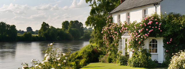 A white brick house with climbing roses, in front of the river
