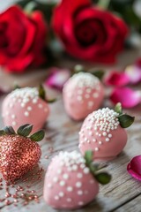 Romantic setting with chocolate strawberries and red roses