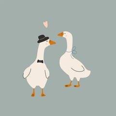 Art & Illustration.loving geese on a colorful background background. Vector illustration for printing. Cute baby background. 
