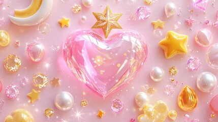 Magical pastel heart and star composition with pearls and sparkles