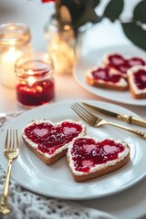 Romantic heart-shaped jam toasts on elegant table setting with candles