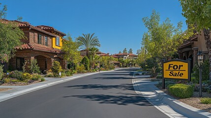 Sunny residential street for sale sign, upscale homes, community
