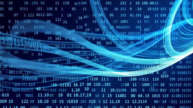Flowing binary code in abstract digital landscape with cool blue tones, symbolizing data and movement