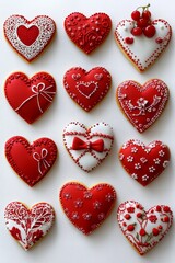 Fototapeta premium Decorative red heart shaped cookies with intricate icing designs and cherry topper