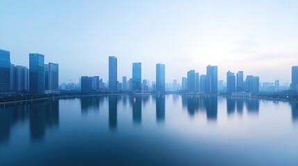 Fototapeta premium aerial view of waterfront promenade with modern high-rises reflecting in calm river