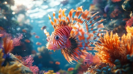 Majestic Lionfish in Vibrant Coral Reef - A stunning lionfish gracefully swims amidst a colorful coral reef, showcasing its intricate patterns and vibrant colors