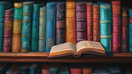 Books in brightly colored covers on a wooden shelf in the library. Open book in soft focus. Education, reading, science and literature. Hobby. Beautiful cover. 