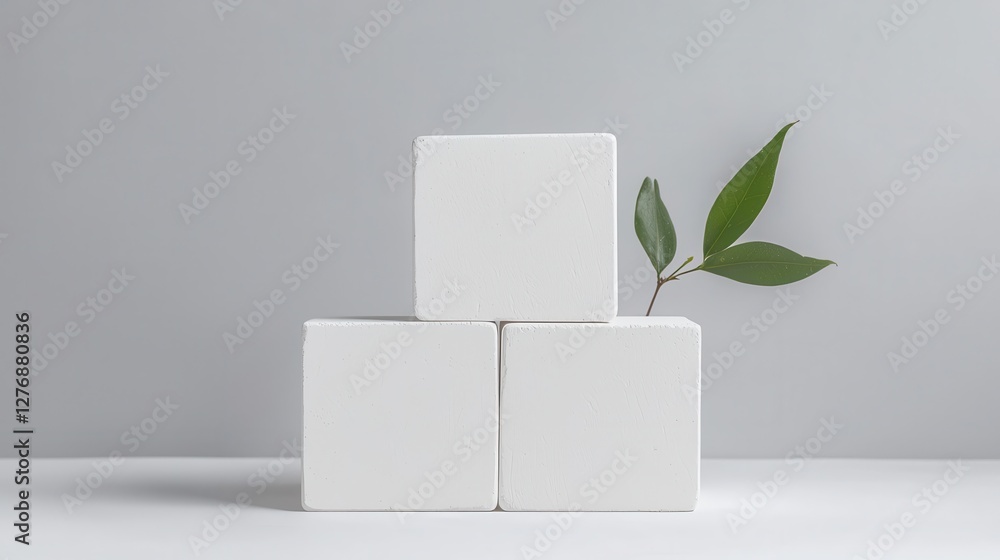 Poster minimalist composition of three white blocks with a green leaf on a neutral backdrop.