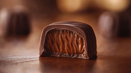 Decadent chocolate confection with a smooth, creamy filling, cut to reveal its delightful texture and rich, tempting flavor.