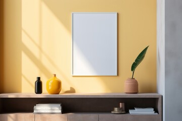 Empty white framed canvas on the arch livingroom wall furniture yellow architecture.