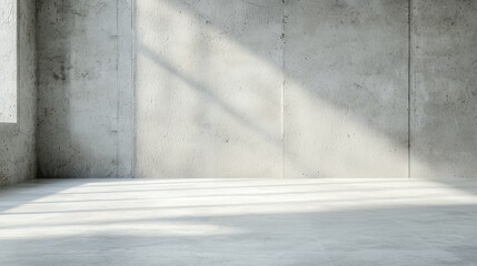 Minimalist concrete room with sunlight casting shadows on textured walls, creating modern architectural ambience.