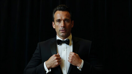 A slow-motion shot of a man removing his tuxedo jacket, revealing a crisp white shirt underneath, exuding timeless charm