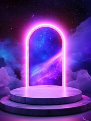 Cosmic Gateway Platform - A vibrant neon archway reveals a stunning cosmic vista, set on a sleek two-tiered platform. Ideal for fantasy, sci-fi, or mystical themes