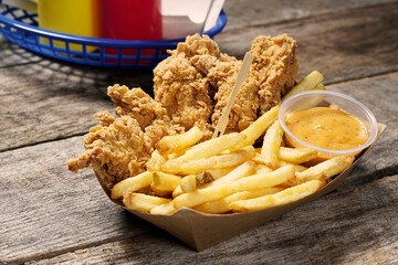 Batter fried chicken tender strips with French fries and dipping sauces in paper food basket on...