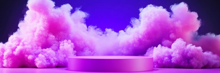 Purple Smoke and Platform - A vibrant purple platform sits amidst fluffy pink and purple smoke clouds against a dark purple background