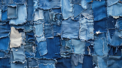 Denim blue jeans fabric frame. Ripped denim fabric. Destroyed torn denim blue jeans patches. Recycle old jeans denim pieces concept. Many fragments of jeans cloth.