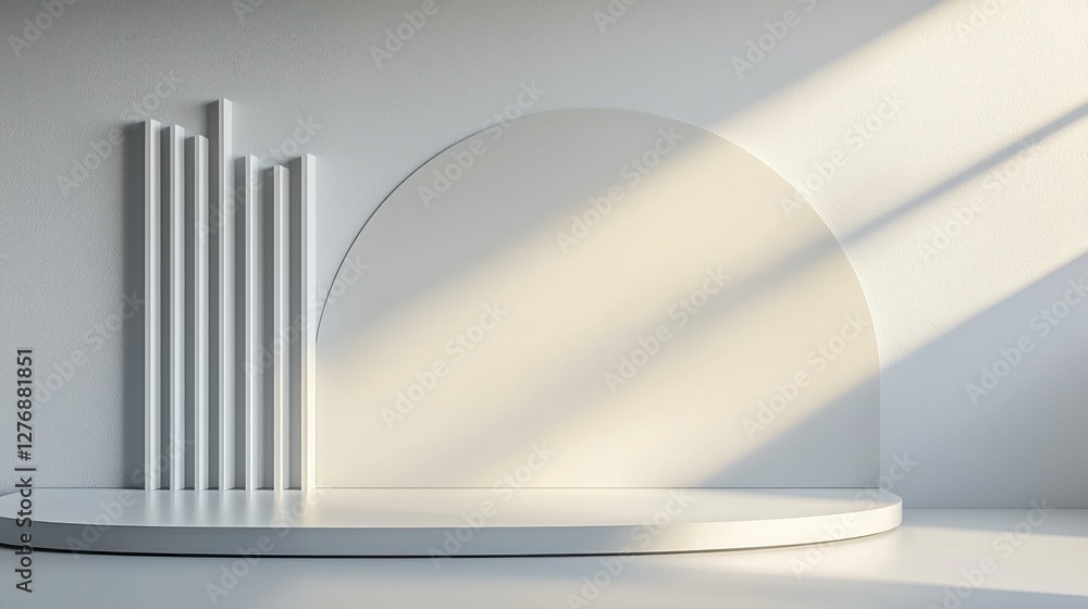 Poster minimalist geometric shapes in soft sunlight, modern abstract backdrop for visual design projects.
