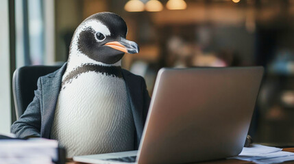 Professional penguin in tailored suit working diligently at a modern office desk
