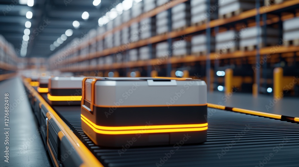 Poster automated robots move packages along a conveyor belt in a modern warehouse, showcasing advanced logi