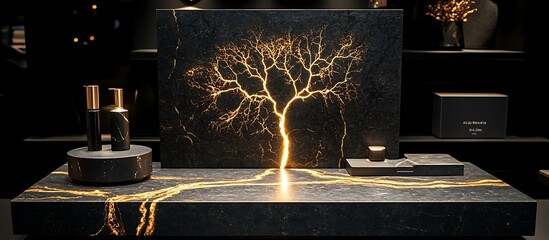 Luxury Black Marble Display with Gold Veining and Tree Design