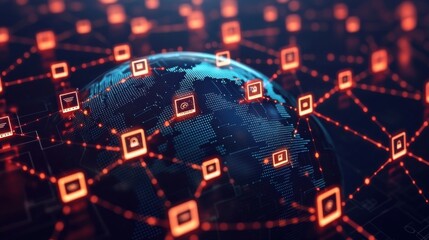 Fototapeta premium A digital representation of a globe interconnected by glowing nodes and lines, symbolizing global connectivity and data exchange.