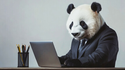 Naklejka premium Realistic panda in business suit works intently at laptop in modern office environment