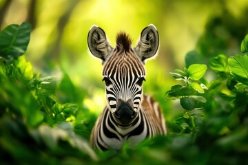 Close-up Portrait of a Young Zebra Among Lush Green Foliage