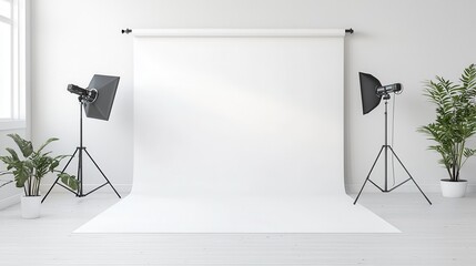 Minimalist photography studio setup with lighting equipment and white backdrop.