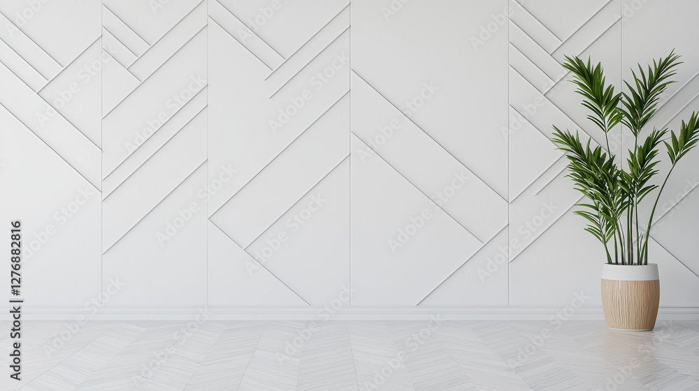 Poster minimalist room features geometric patterns and a green potted plant, creating a tranquil modern int