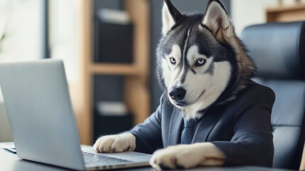 Fototapeta premium Siberian husky in business suit working at office desk with laptop