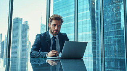Fototapeta premium Serious lion entrepreneur in business suit using laptop at conference table with city view