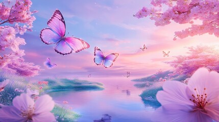 A paradise with islands, pink flowers and butterflies