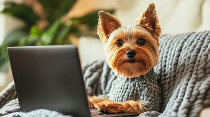 Yorkshire terrier working from home in cozy office with warm lighting