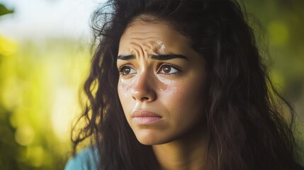 Naklejka premium Close up portrait of a tearful young hispanic woman expressing deep emotion and vulnerability