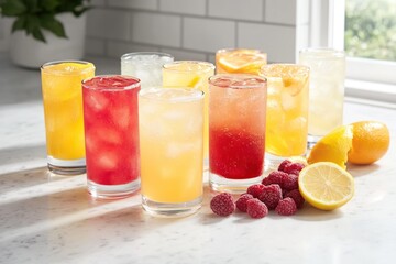 Refreshing Selection of Colorful Fruit Beverages on a Marble Surface