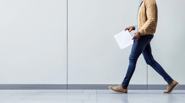 Hospital discharge with a patient walking to the hospital exit, holding a discharge form. Featuring confidence and relief