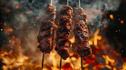 Grilled skewers of meat cooking over open flames at a summer barbecue gathering