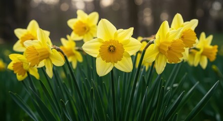 Fototapeta premium Bright yellow daffodils blooming in lush green field on a sunny spring day