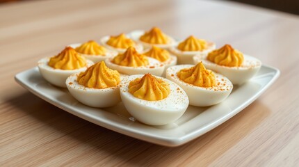 Savory Deviled Eggs, Sprinkled with Paprika on a White Platter