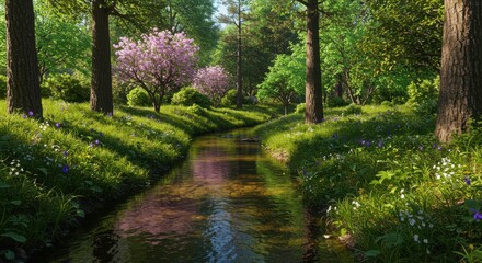 Obraz premium Tranquil spring forest stream with blossoming trees and vibrant wildflowers
