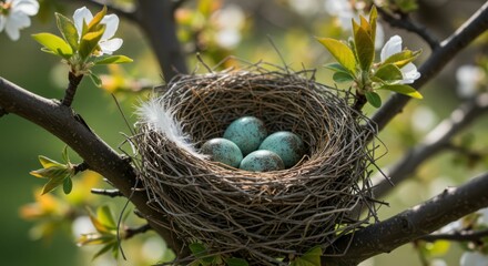 Bird nest with blue speckled eggs on tree branch with blossoms in spring